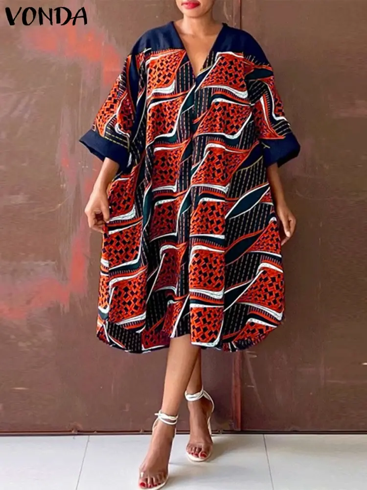 VONDA 2025 Summer Dress Women Bohemian Neck Sundress Casual Printed Midi Vestidos 3/4 Sleeve Loose Beach Robe Femme