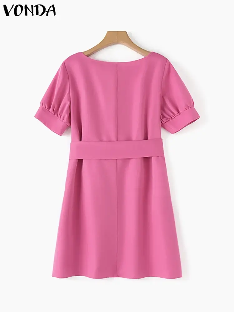 VONDA 2025 Summer Sexy Mini Dress Elegant Women Fashion Casual Loose Solid Color Sundress Short Puff Sleeve Party Vestidos Belt