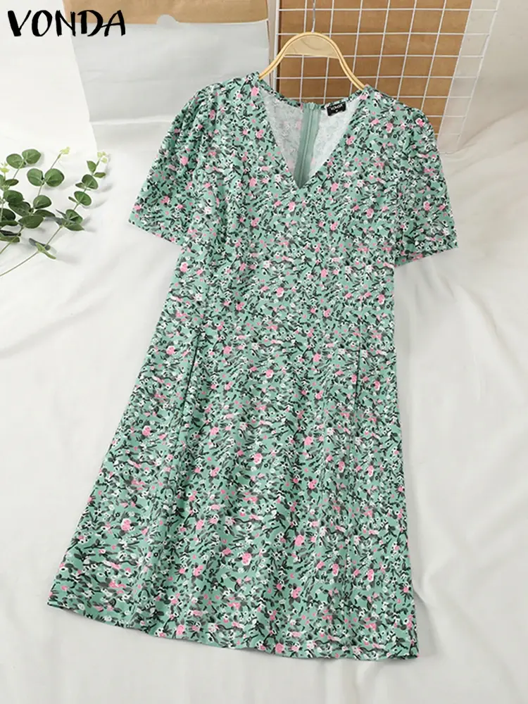 VONDA Bohemian Dresses Woman Floral Printed Mini Sundress 2025 Short Sleeve Summer Casual Loose Vestidos V-Neck Beach Robe Femme