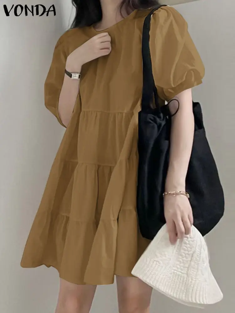 VONDA 2025 Summer Fashion Short Sleeve Dress Women Mini Sundress Elegant Round Neck Ruffled Solid Color Party Vestido Robe Femme