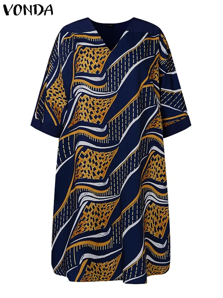 VONDA 2025 Summer Dress Women Bohemian Neck Sundress Casual Printed Midi Vestidos 3/4 Sleeve Loose Beach Robe Femme
