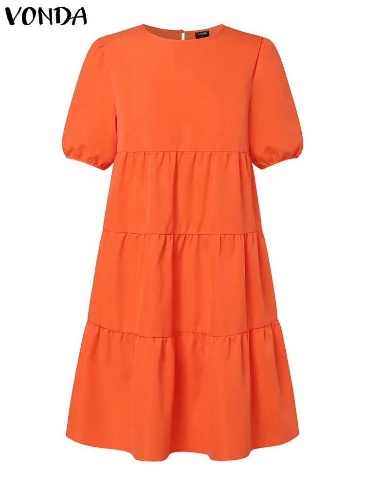 VONDA 2025 Summer Fashion Short Sleeve Dress Women Mini Sundress Elegant Round Neck Ruffled Solid Color Party Vestido Robe Femme