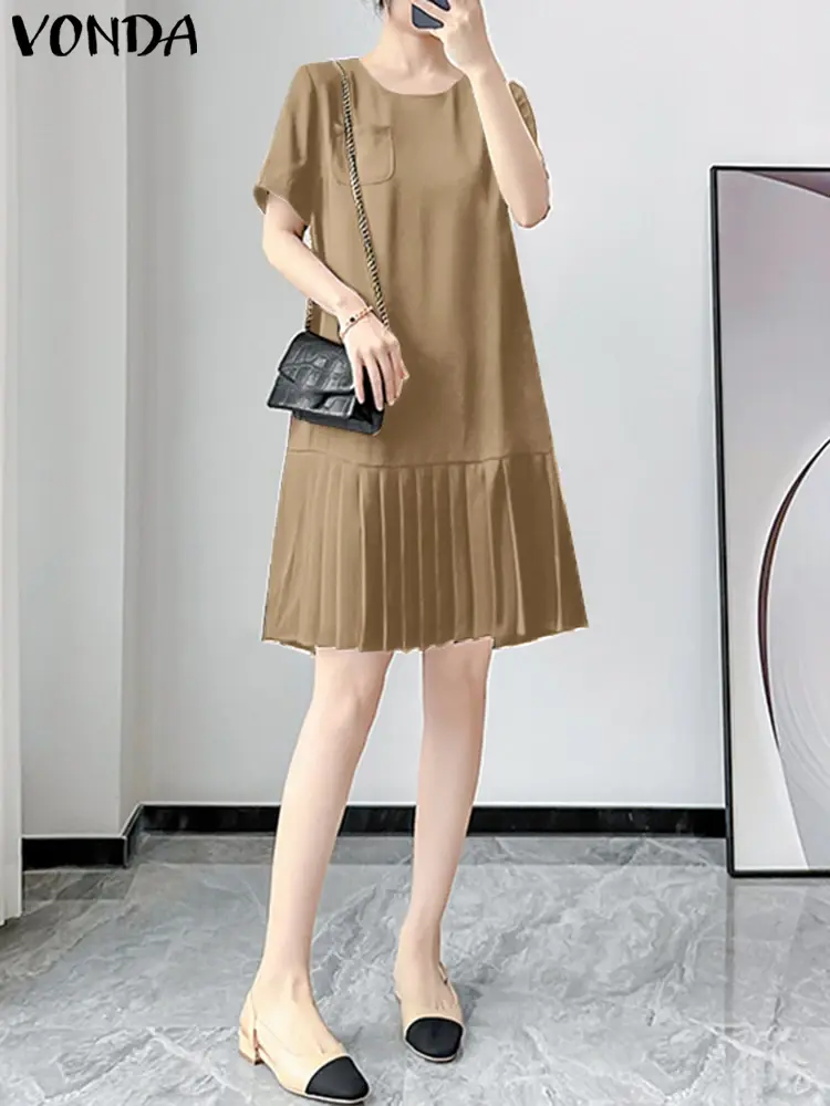 VONDA 2025 Summer Dress Women Short Sleeve Vestidos Fashion Round Neck Pleated Loose Mini Sundress Casual Solid Color Party Robe