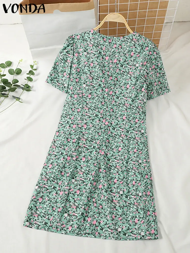VONDA Bohemian Dresses Woman Floral Printed Mini Sundress 2025 Short Sleeve Summer Casual Loose Vestidos V-Neck Beach Robe Femme