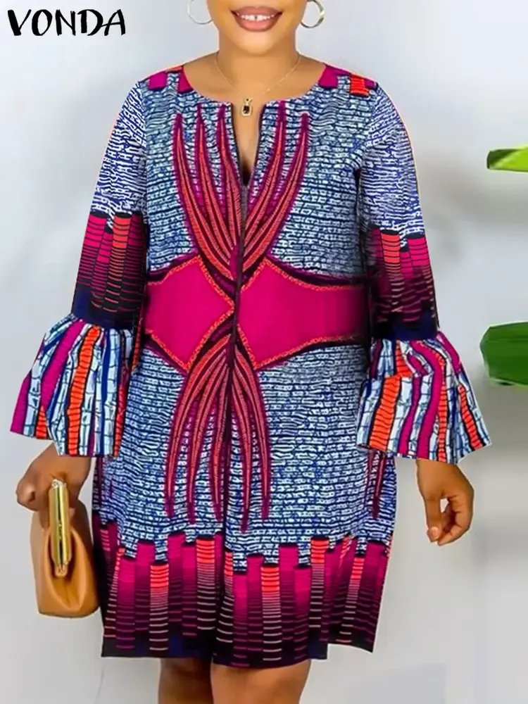 VONDA 2025 Summer Bohemian Mini Dress Women Long Flare Sleeve Printed Sundress V-Neck Vintage Casual Loose Oversized Vestido