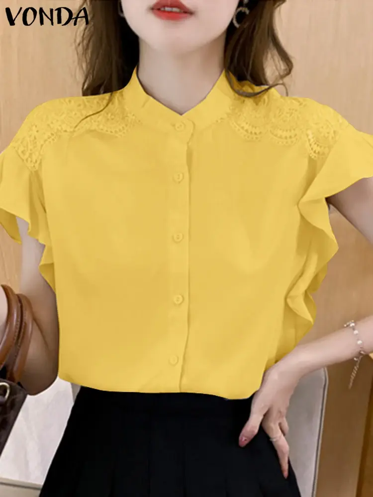 VONDA Women Ruffled Tops 2025 Summer Elegant Lace Shirts Fashion Short Sleeve Casual Loose Solid Color Tunic Blusas Femininas