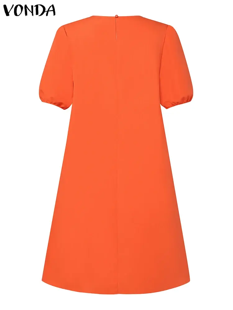 VONDA 2025 Summer Fashion Short Sleeve Dress Women Mini Sundress Elegant Round Neck Ruffled Solid Color Party Vestido Robe Femme