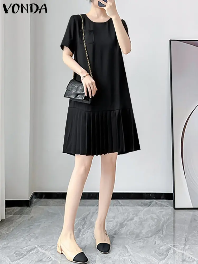 VONDA 2025 Summer Dress Women Short Sleeve Vestidos Fashion Round Neck Pleated Loose Mini Sundress Casual Solid Color Party Robe