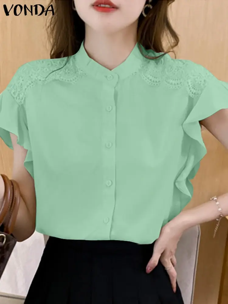 VONDA Women Ruffled Tops 2025 Summer Elegant Lace Shirts Fashion Short Sleeve Casual Loose Solid Color Tunic Blusas Femininas