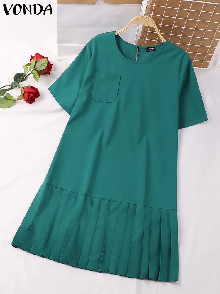 VONDA 2025 Summer Dress Women Short Sleeve Vestidos Fashion Round Neck Pleated Loose Mini Sundress Casual Solid Color Party Robe
