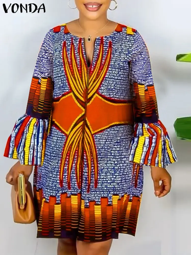 VONDA 2025 Summer Bohemian Mini Dress Women Long Flare Sleeve Printed Sundress V-Neck Vintage Casual Loose Oversized Vestido