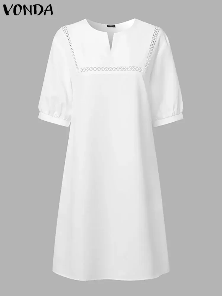 VONDA 2025 Summer Vintage Women Mini Dress Elegant Sundress Casual Loose Solid Color Robe Half Sleeve Sexy Short Vestidos