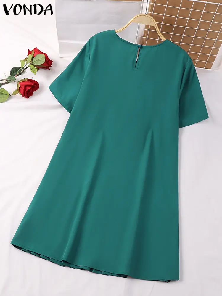 VONDA 2025 Summer Dress Women Short Sleeve Vestidos Fashion Round Neck Pleated Loose Mini Sundress Casual Solid Color Party Robe