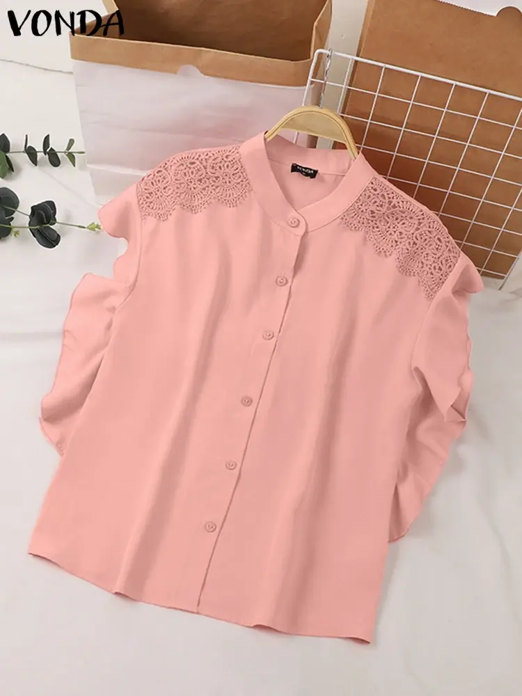 VONDA Women Ruffled Tops 2025 Summer Elegant Lace Shirts Fashion Short Sleeve Casual Loose Solid Color Tunic Blusas Femininas