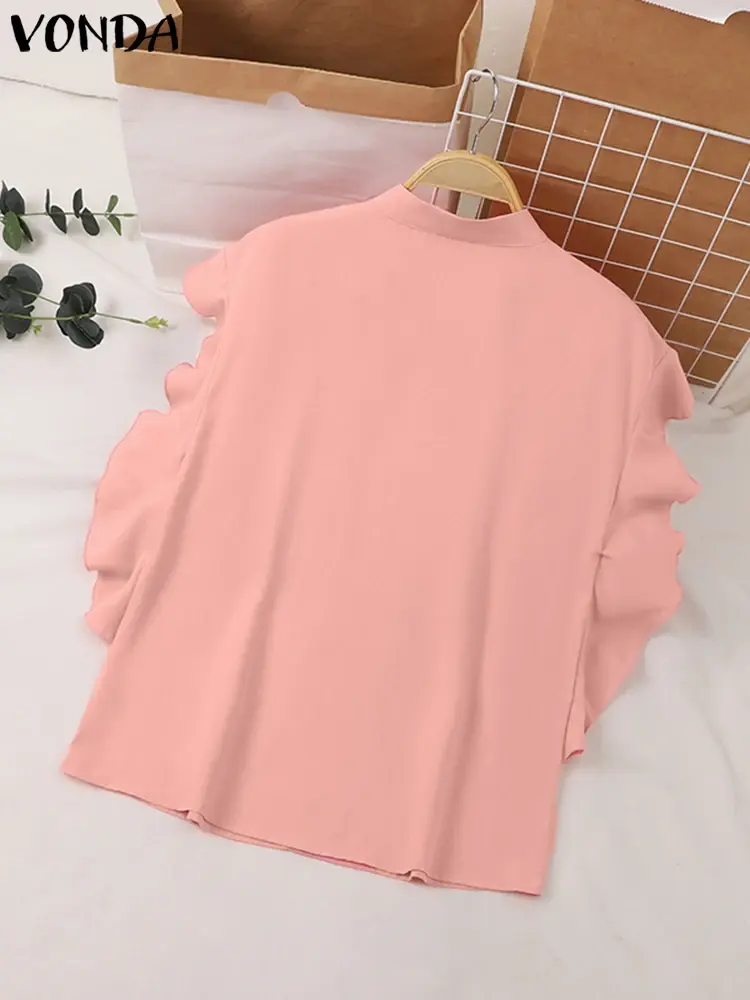 VONDA Women Ruffled Tops 2025 Summer Elegant Lace Shirts Fashion Short Sleeve Casual Loose Solid Color Tunic Blusas Femininas
