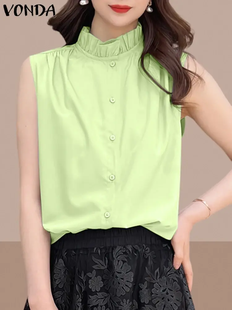 VONDA 2025 Summer Women Shirts Fashion Ruffled Tunic Tops Casual Blouses Loose Solid Color Buttons Sleeveless Blusas Femininas
