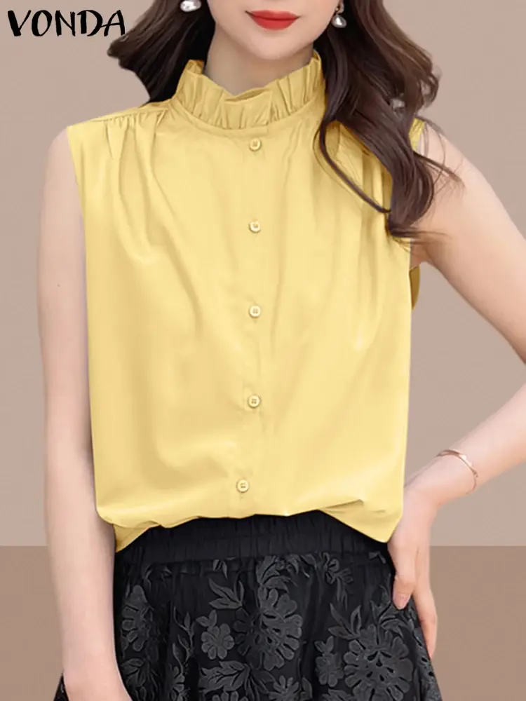 VONDA 2025 Summer Women Shirts Fashion Ruffled Tunic Tops Casual Blouses Loose Solid Color Buttons Sleeveless Blusas Femininas