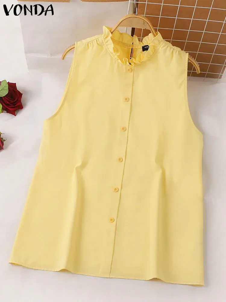 VONDA 2025 Summer Women Shirts Fashion Ruffled Tunic Tops Casual Blouses Loose Solid Color Buttons Sleeveless Blusas Femininas