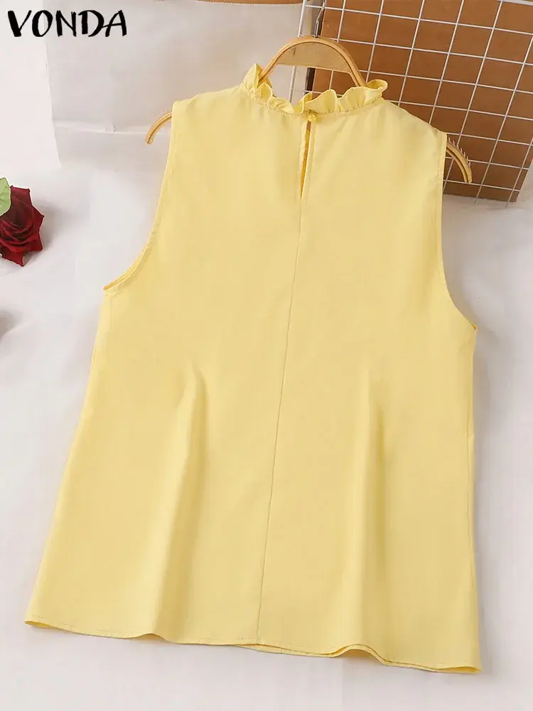 VONDA 2025 Summer Women Shirts Fashion Ruffled Tunic Tops Casual Blouses Loose Solid Color Buttons Sleeveless Blusas Femininas