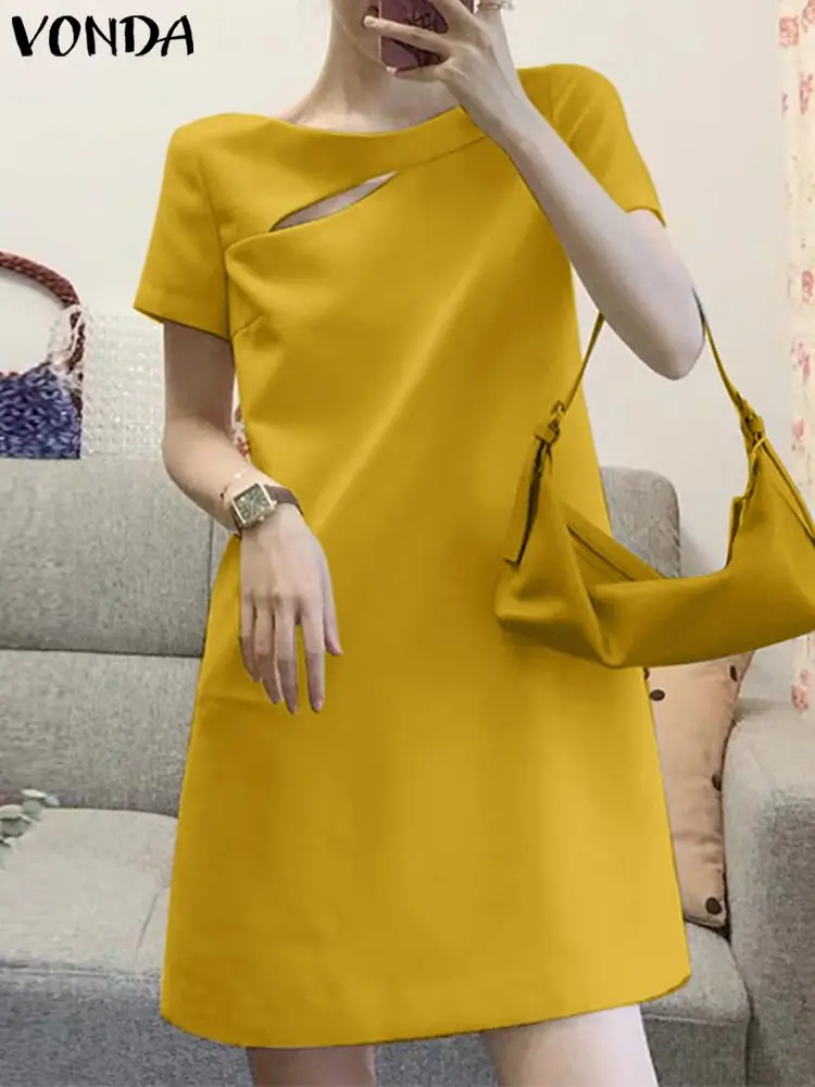 VONDA 2024 Summer Women Solid Color Mini Dress Casual O Neck Short Sleeve Short Sundress Beach Party Crew Neck Shirt Vestidos