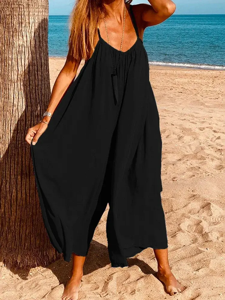VONDA Fashion Women Overalls Summer Jumpsuits Sleeveless Long Playsuits 2025 Loose Solid Sexy V Neck Wide Leg Pants Oversized