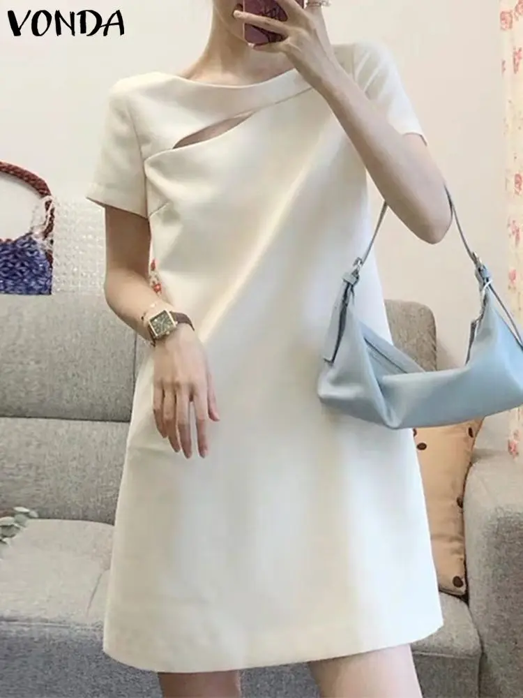 VONDA 2024 Summer Women Solid Color Mini Dress Casual O Neck Short Sleeve Short Sundress Beach Party Crew Neck Shirt Vestidos