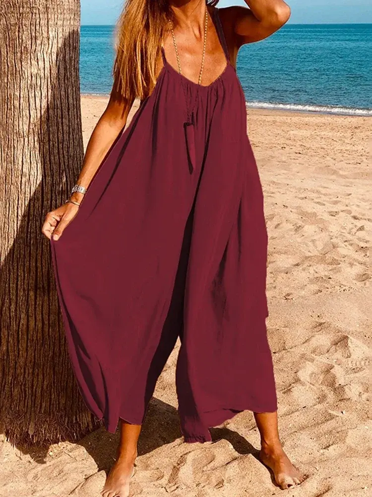 VONDA Fashion Women Overalls Summer Jumpsuits Sleeveless Long Playsuits 2025 Loose Solid Sexy V Neck Wide Leg Pants Oversized