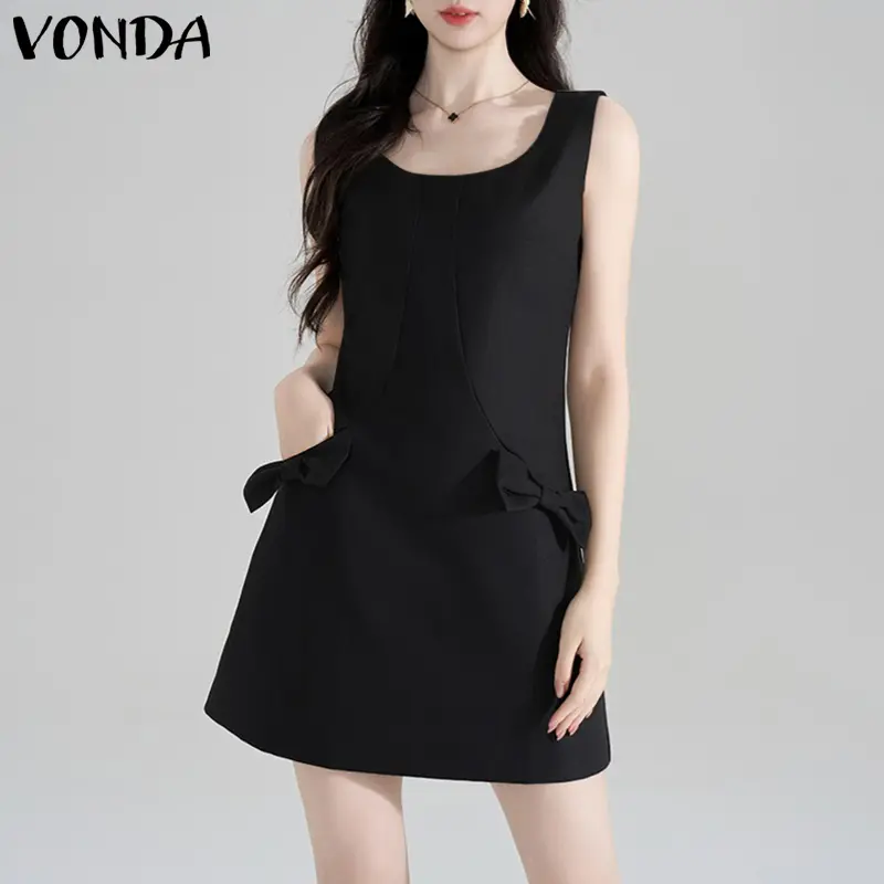 VONDA Sexy Mini Dress Women Summer Bow Elegant Party Sundress 2025 Fashion Sleeveless Office Lady Vestidos Casual Solid Robe