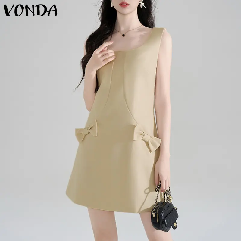 VONDA Sexy Mini Dress Women Summer Bow Elegant Party Sundress 2025 Fashion Sleeveless Office Lady Vestidos Casual Solid Robe
