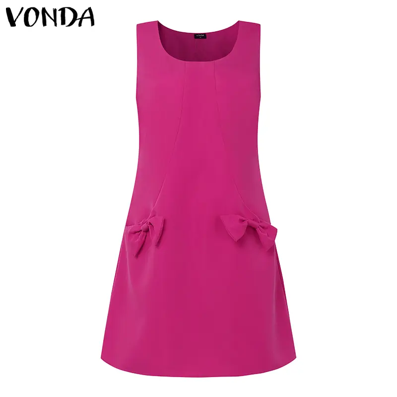 VONDA Sexy Mini Dress Women Summer Bow Elegant Party Sundress 2025 Fashion Sleeveless Office Lady Vestidos Casual Solid Robe