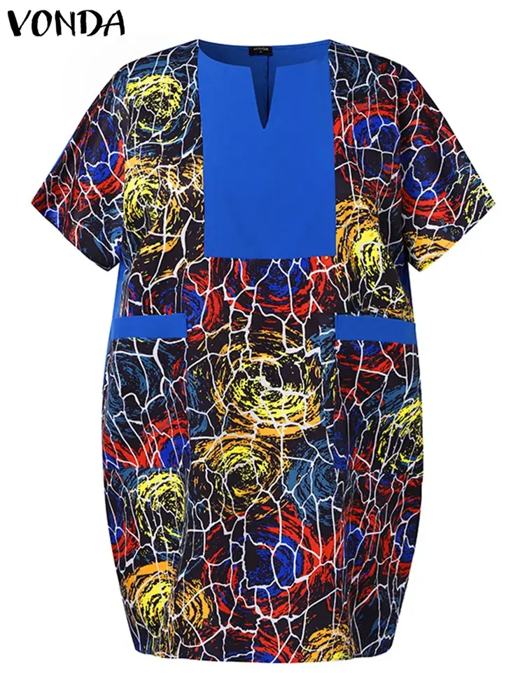 VONDA Women's Summer Dress 2025 Printing Sundress Sexy V Neck Short Sleeve Party Dress Beach Vestidos Casual Loose Robe Femme