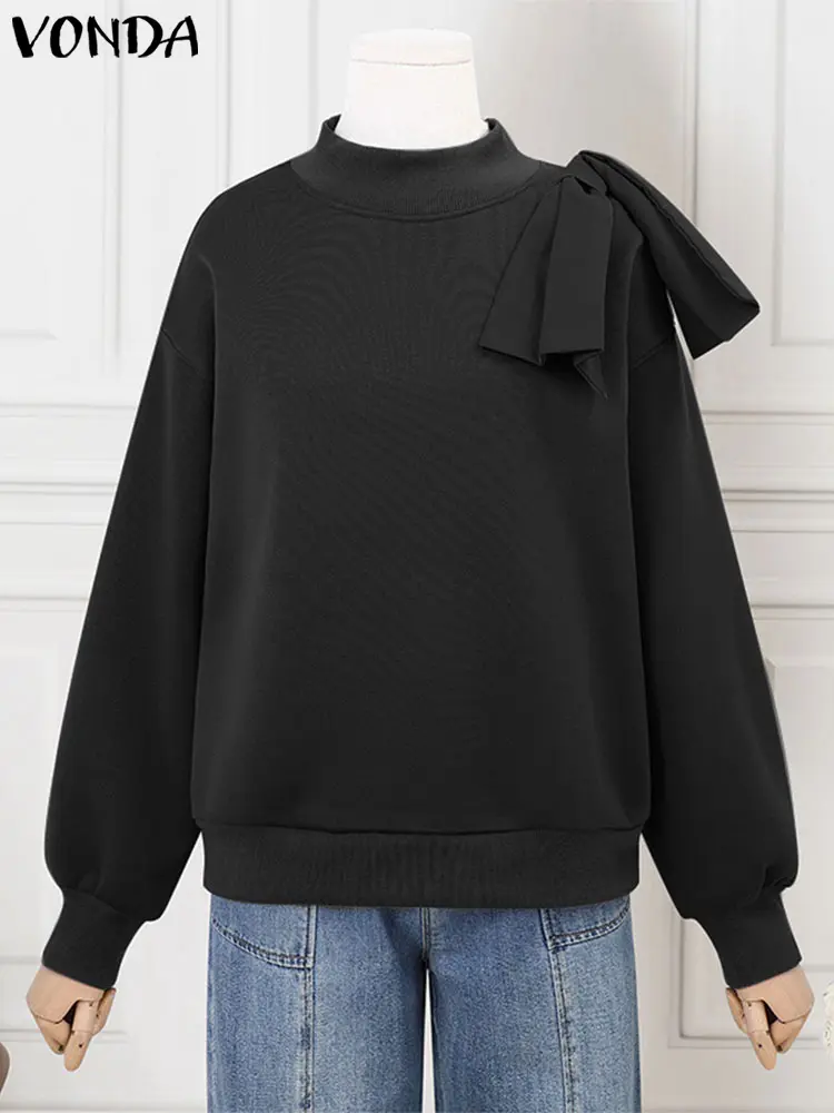 VONDA Plus Size 5XL Winter Sweatshirts Women Casual Loose Long Sleeve Hoodies Stand Collor Solid Color Large Bow Pullovers 2025