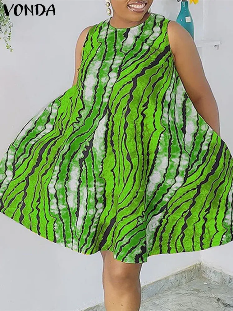 Plus Size 5XL VONDA 2025 Summer Women Party Dress Sleeveless Printing Sundress Bohemian Dress Casual Vestidos O Neck Mini Robe