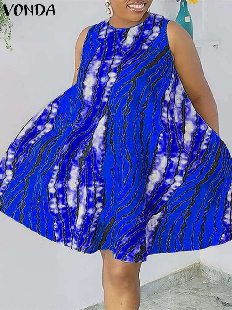 Plus Size 5XL VONDA 2025 Summer Women Party Dress Sleeveless Printing Sundress Bohemian Dress Casual Vestidos O Neck Mini Robe