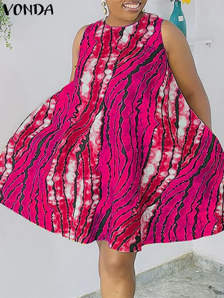 Plus Size 5XL VONDA 2025 Summer Women Party Dress Sleeveless Printing Sundress Bohemian Dress Casual Vestidos O Neck Mini Robe