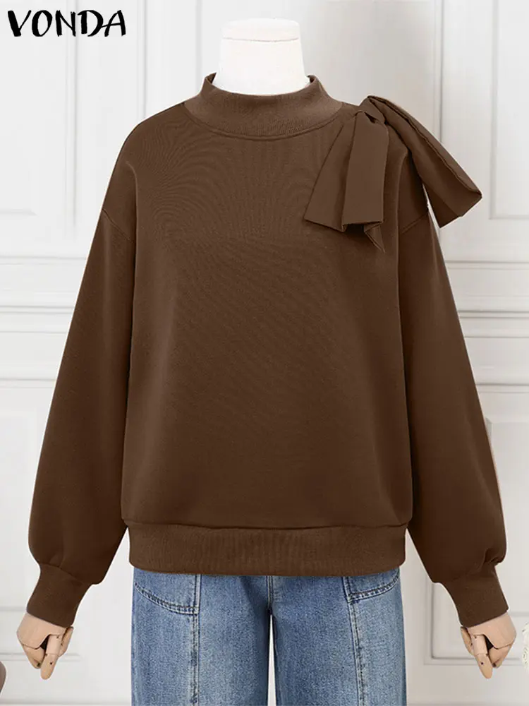 VONDA Plus Size 5XL Winter Sweatshirts Women Casual Loose Long Sleeve Hoodies Stand Collor Solid Color Large Bow Pullovers 2025