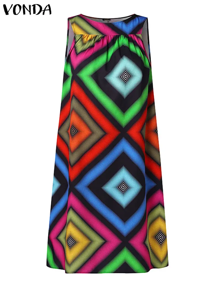 VONDA Summer Women Mini Dress 2025 Bohemian Printed Sexy Sleeveless Tank Party Sundress Casual Loose Beach Vestidos Oversized