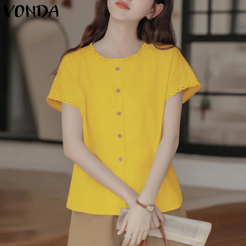 VONDA 2025 Fashion Summer Women Blouses Casual Solid Color Shirts Short Sleeve Buttons Tunic Loose Tops Korean Blusas Femininas