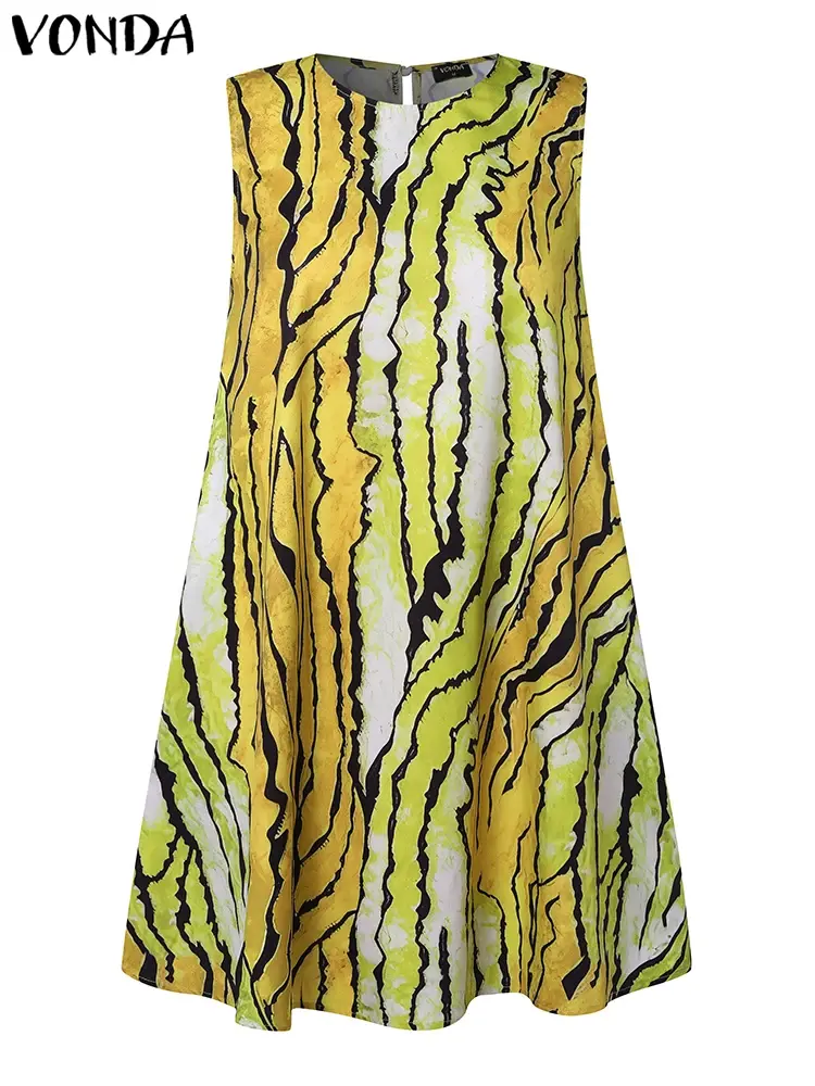 Plus Size 5XL VONDA 2025 Summer Women Party Dress Sleeveless Printing Sundress Bohemian Dress Casual Vestidos O Neck Mini Robe