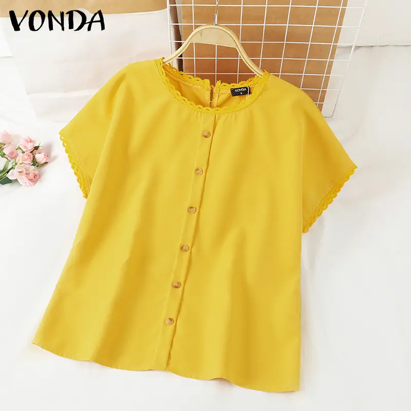 VONDA 2025 Fashion Summer Women Blouses Casual Solid Color Shirts Short Sleeve Buttons Tunic Loose Tops Korean Blusas Femininas