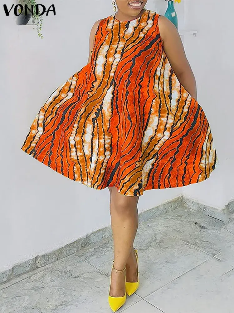 VONDA 2025 Summer Women Dress Sleeveless Bohemian Printed Sexy Mini Sundress Fashion Short Vestido Casual Loose Beach Robe Femme