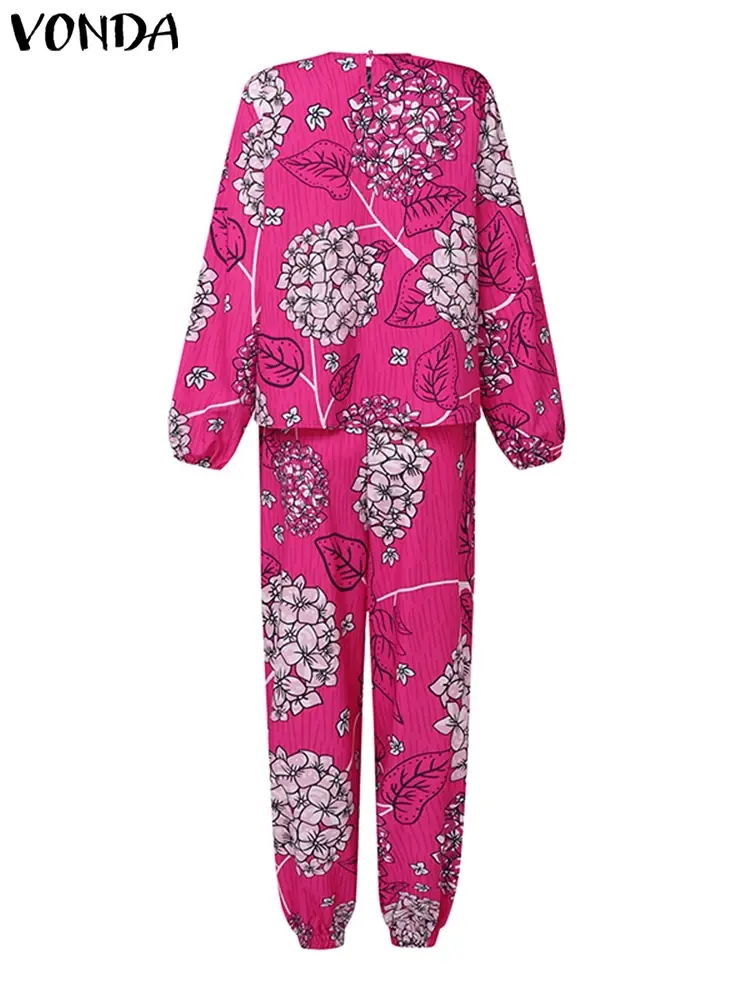 VONDA Women Pant Sets 2025 Summer Casual Long Sleeve Bohemian Floral Printed Tops and High Waist Long Pants Loose Sets 2pcs