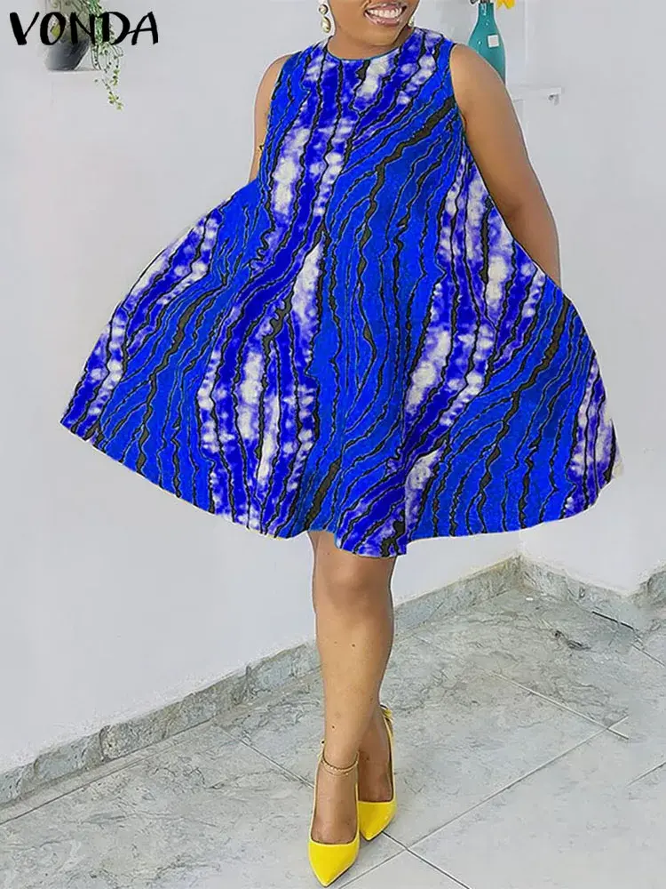 VONDA 2025 Summer Women Dress Sleeveless Bohemian Printed Sexy Mini Sundress Fashion Short Vestido Casual Loose Beach Robe Femme