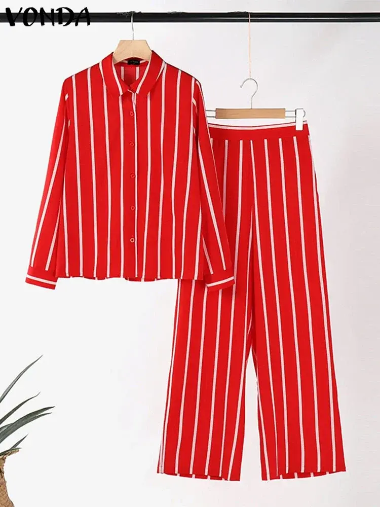 VONDA 2025 Fashion Matching Sets Women Pants Sets Vintage Striped Shirt Trouser Casual Two-Piece Sets Autumn Office Lady Suits