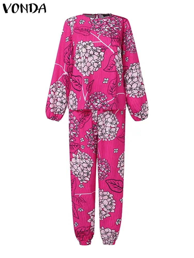 VONDA Women Pant Sets 2025 Summer Casual Long Sleeve Bohemian Floral Printed Tops and High Waist Long Pants Loose Sets 2pcs
