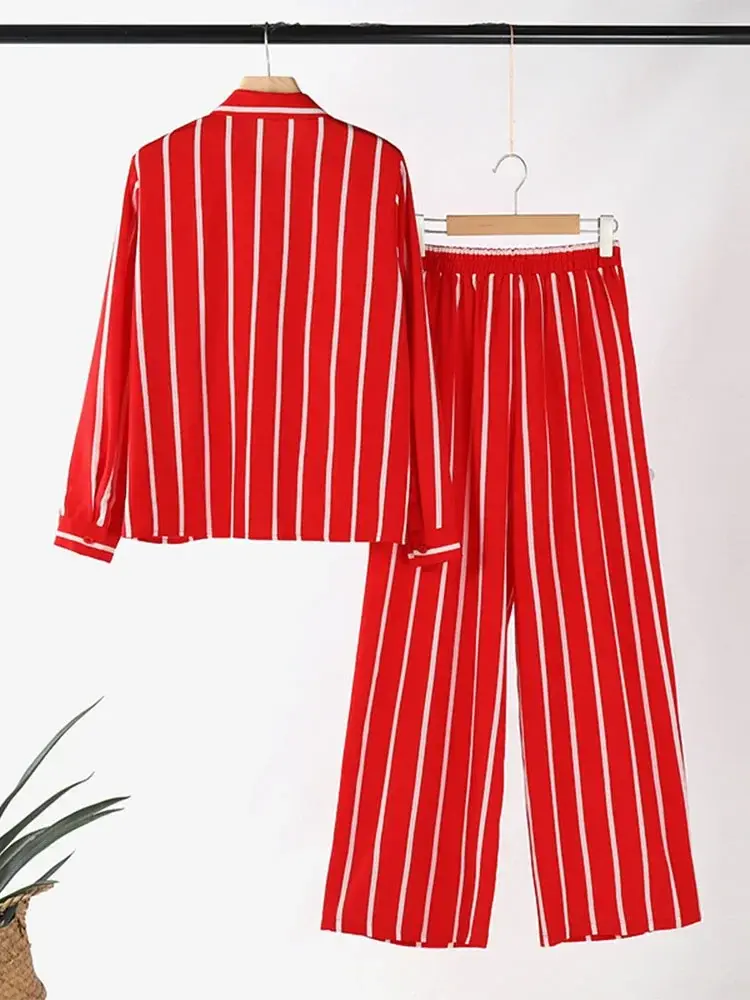 VONDA 2025 Fashion Matching Sets Women Pants Sets Vintage Striped Shirt Trouser Casual Two-Piece Sets Autumn Office Lady Suits