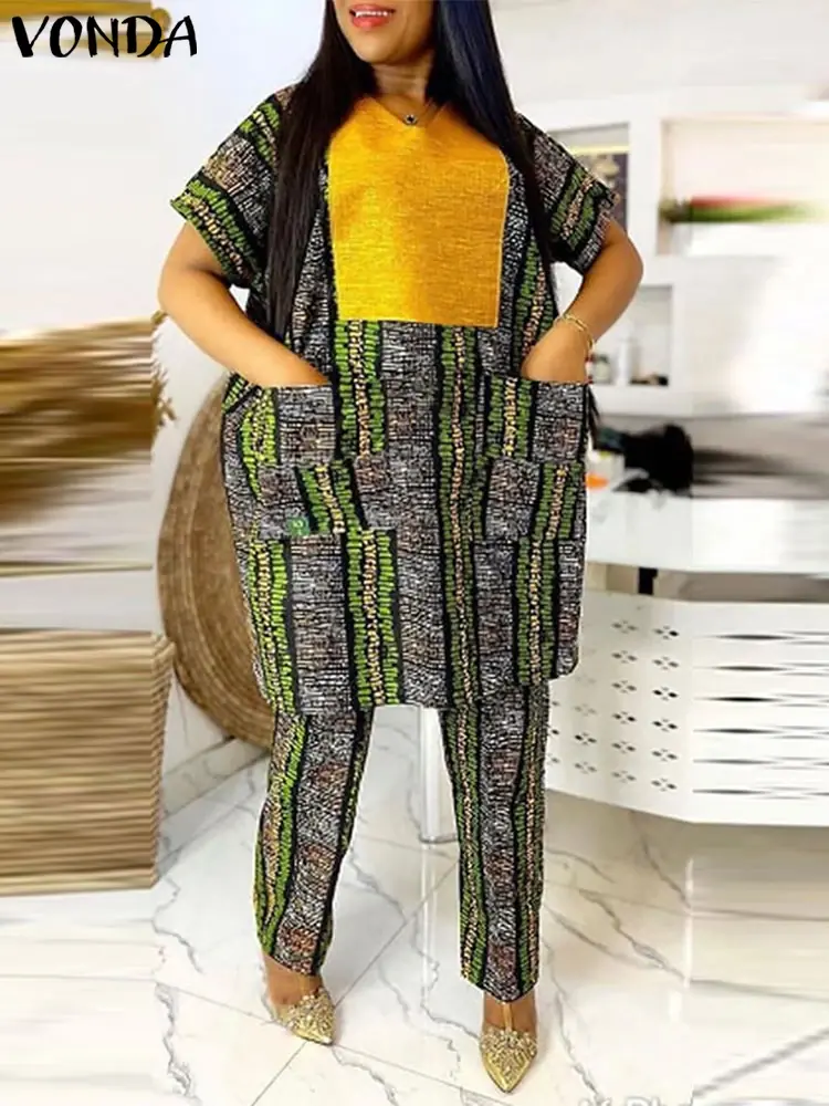 VONDA Summer Women Sets Short Sleeve Bohemian Printed Patchwork Pant Suits Vintage Tops and Wide Leg Pants Elegant Matching Sets