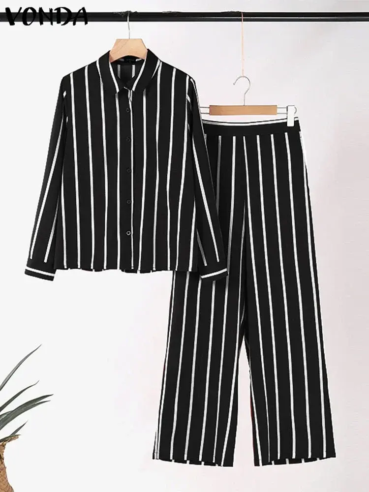 VONDA 2025 Fashion Matching Sets Women Pants Sets Vintage Striped Shirt Trouser Casual Two-Piece Sets Autumn Office Lady Suits