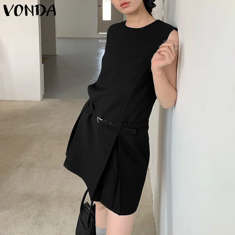 VONDA Sexy Sleeveless Mini Dress Women Summer Sundress Round Neck Casual Solid Pleated Loose Party Elegant Office Lady Vestidos