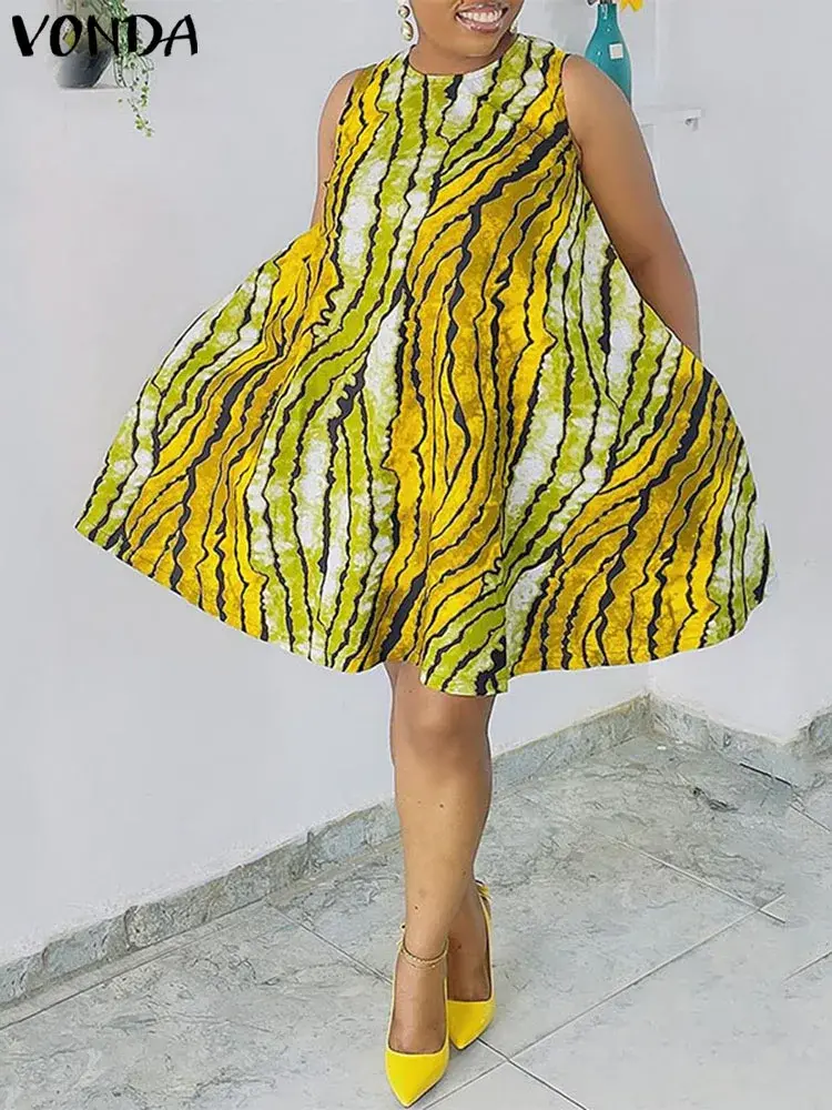 VONDA 2025 Summer Women Dress Sleeveless Bohemian Printed Sexy Mini Sundress Fashion Short Vestido Casual Loose Beach Robe Femme